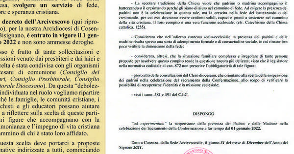 Decreto dell'Arcivescovo sul ruolo di padrino e madrina nel Battesimo e  nella Cresima. - Parrocchia San Vincenzo de' Paoli